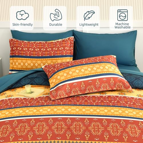 WONGS BEDDING Boho Comforter Set Queen Size,7 Pieces Bed in a Bag Bohemian Striped Bedding Set,Burnt Orange Paisley Floral Comfortet and Sheet Set,Soft Microfiber Bedding Sets for All Season WONGS BEDDING