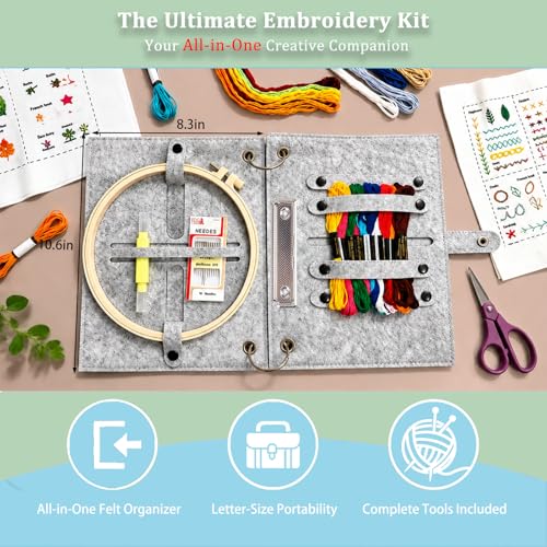 NBNQ Embroidery Stitch Book Kit for Beginners with Portable 10.65"x8.27" Loose-Leaf Cover, Includes 6 Fabric Pages, Complete Toolkit, Instructions and Videos.