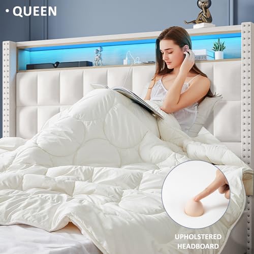 Maupvit Queen Size Bed Frame with 4 Storage Drawers,Upholstered Bed Frame with 2-Tier Storage Headboard,RGB LED Light,Charging Station,No Box Spring Needed,Easy Asse,Beige Maupvit