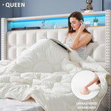 Maupvit Queen Size Bed Frame with 4 Storage Drawers,Upholstered Bed Frame with 2-Tier Storage Headboard,RGB LED Light,Charging Station,No Box Spring Needed,Easy Asse,Beige Maupvit