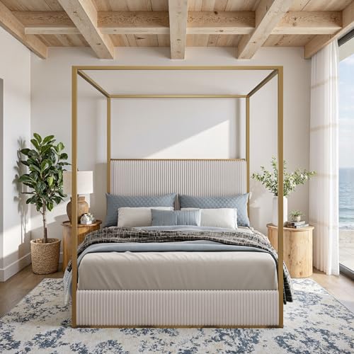 DGSPVCT Queen Size Metal Canopy Bed Frame, Upholstered Platform Bedframe with Tall Headboard and Four Poster, Modern Luxury Corduroy Low Profile Bed Frames, No Box Spring Needed/Minimalism, Beige Gold