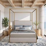 DGSPVCT Queen Size Metal Canopy Bed Frame, Upholstered Platform Bedframe with Tall Headboard and Four Poster, Modern Luxury Corduroy Low Profile Bed Frames, No Box Spring Needed/Minimalism, Beige Gold