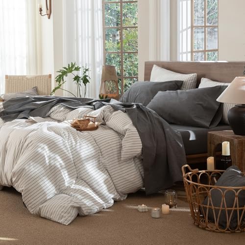 MooMee Fitted Bottom Sheet Only 100% Washed Cotton Linen Like Textured Breathable Durable Soft Comfy Deep Pocket Fits Mattress up to 17" (Dark Grey, Twin) MooMee