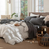 MooMee Fitted Bottom Sheet Only 100% Washed Cotton Linen Like Textured Breathable Durable Soft Comfy Deep Pocket Fits Mattress up to 17" (Dark Grey, Twin) MooMee