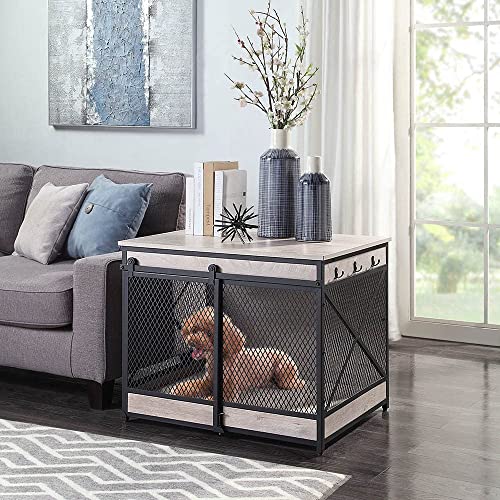 unipaws Furniture Style Sliding Door Dog Crate for Medium Dogs, Indoor Aesthetic Puppy Kennel, Modern Decorative Wood Wire Pet House Dog Cage, Pretty Cute End Side Table Nightstand, Grey - WoodArtSupply