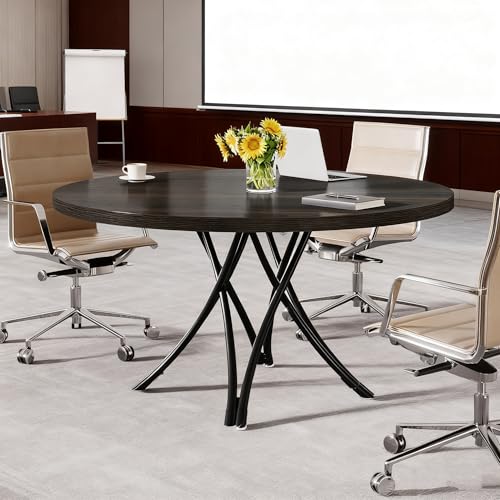 Tribesigns 47" Round Conference Table for 4-6, Modern Office Meeting Table with Metal Cross Legs for Office, Conference Room, Small Spaces (Black) Tribesigns