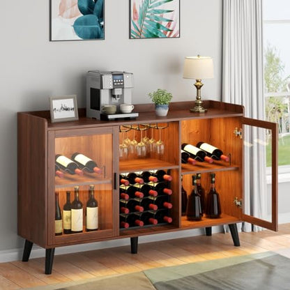 Auromie Wine Bar Cabinet with Led Light, Home Coffee Cabinet with Wine and Glass Rack, Kitchen Buffet Sideboard with Storage Shelves, Freestanding Liquor Cabinet for Living Room, Dining Room (Walnut)