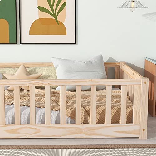 Oudiec Twin Size Montessori Floor Bed with Safety Fence - Easy Assembly Solid Wood Frame in Natural Finish Oudiec