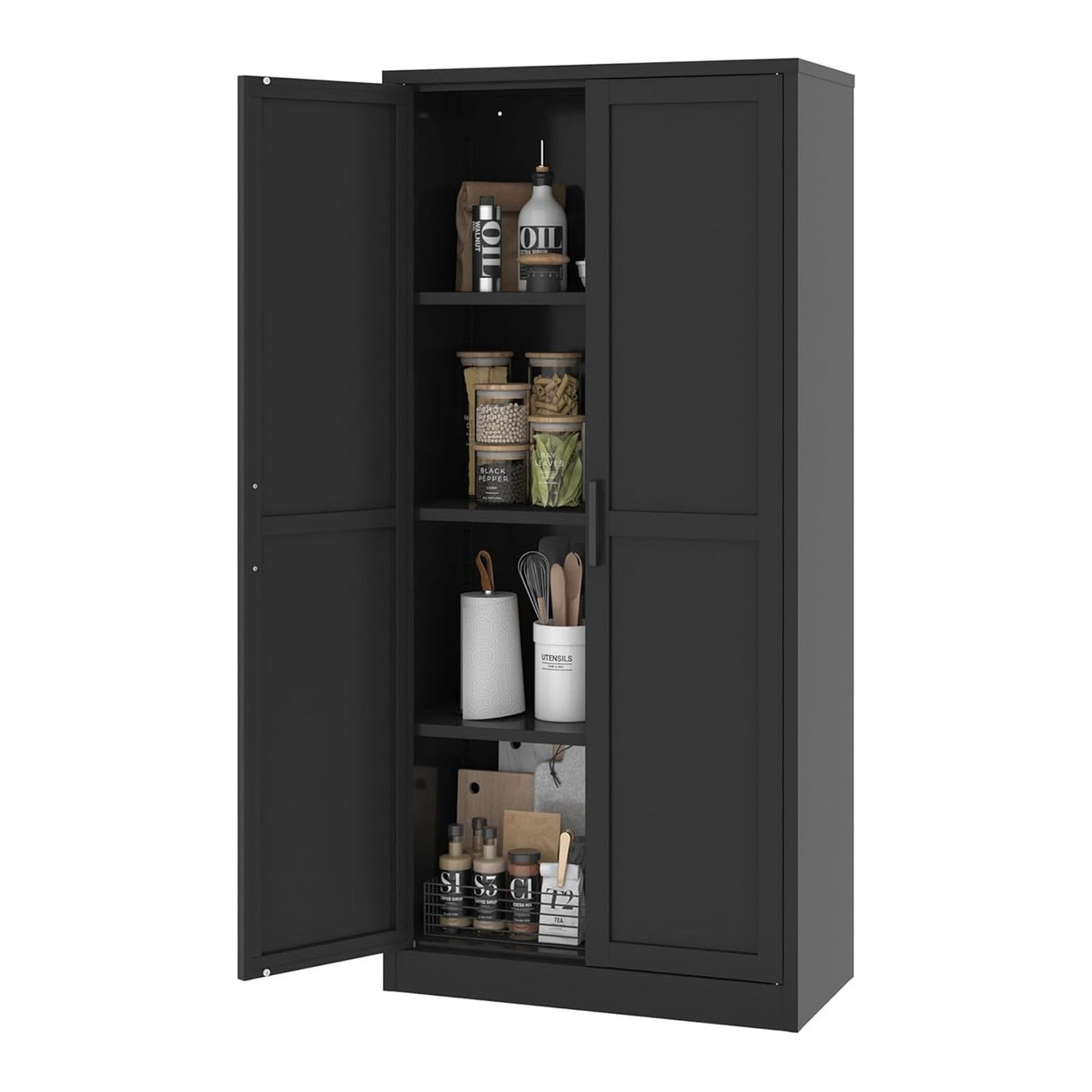 MIOCASA Metal Pantry Cabinet with Adjustable Shelves, Heavy-Duty Metal Storage Cabinet with 2 Doors Organizer for Kitchen, Office, Garage (Black) MIOCASA