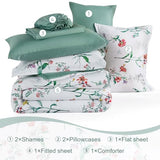 Drucon Comforter Set King Size, 7 Pieces White Green Floral Botanical Comforter Sets, Reversible Bed in a Bag Soft Lightweight Microfiber Bedding Sets for All Seasons (90"x104") Drucon