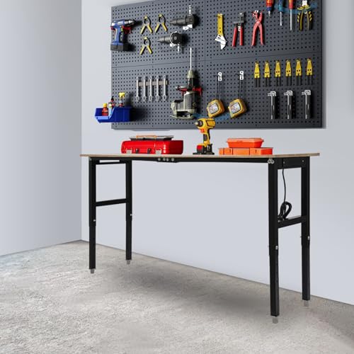 RIQUIPAI Height Adjustable Workbench, 72" x 20" Garage Worktable with 3000Lbs Capacity, 31.5"-39.3" H Workbench with 4 AC Outlets & 2 USB Ports, for Studio, Workshop, Warehouse, Home, Office RIQUIPAI