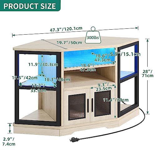 YITAHOME RGB LED Corner TV Stand for TVs up to 55/50 Inch with Power Outlet, Modern Farmhouse Entertainment Center, Wood TV Media Console with Storage Shelves for Living Room, White Oak - WoodArtSupply