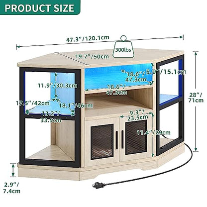 YITAHOME RGB LED Corner TV Stand for TVs up to 55/50 Inch with Power Outlet, Modern Farmhouse Entertainment Center, Wood TV Media Console with Storage Shelves for Living Room, White Oak - WoodArtSupply