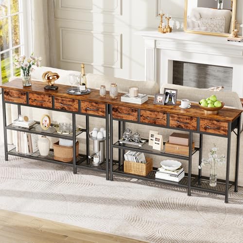 Furnulem Entryway Table 47'' Sofa Console Table with 4 Fabric Drawers, Industrial Entry Way Shoe Rack with Metal Mesh Shelf for Front Door, Foyer Wooden Top, Sturdy Metal Frame, Rustic Brown Furnulem