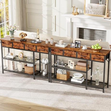 Furnulem Entryway Table 47'' Sofa Console Table with 4 Fabric Drawers, Industrial Entry Way Shoe Rack with Metal Mesh Shelf for Front Door, Foyer Wooden Top, Sturdy Metal Frame, Rustic Brown Furnulem