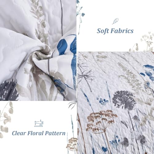 Dobuyly Blue Quilt California King Size Floral Botanical King Quilt Bedding Set 3 Pieces Soft Lightweight Microfiber Flower Bedspread Coverlet Set for All Season, 112"x96" Dobuyly