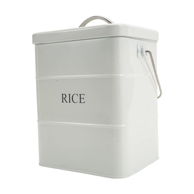 Xbopetda Metal Rice Storage Box, Square Rice Container with Lid and handle, Sealed Food Storage Bin for Kitchen, Countertop Organizer Jar for Rice Flour Soybean Grain Cereal-White