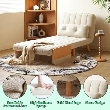 FLOCQISEM Convertible Chair Bed, Futon Sofa Bed Sleeper Chair with Solid Wood Leg and Storage Pocket, Linen Fabric Sofa Couch Guest Bed for Living Room, Bedroom, Office, Apartment (27.56) FLOCQISEM