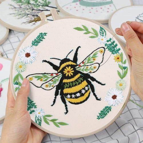 Louise Maelys Bees Embroidery Kits for Beginners, DIY Cross Stitch Starter Craft Kit for Adults Including Cloth with Pattern, Hoop, Needles Instruction and Threads