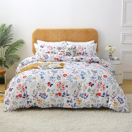 Mooreeke Floral Queen Size Comforter Sets, Blue Botanical and Red Floral Patterned Bedding for All Seasons, 3-Piece Vintage Bed in a Bag with Fluffy Quilted Reversible Comforter & 2 Pillow Shams Mooreeke