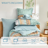 LXWORX Boho Comforter Set Queen - 7 Pieces Bed in a Bag, Bohemian Striped Comforter Set with Sheets, Soft Microfiber Sage Green Floral Bedding Set for All Season LXWORX