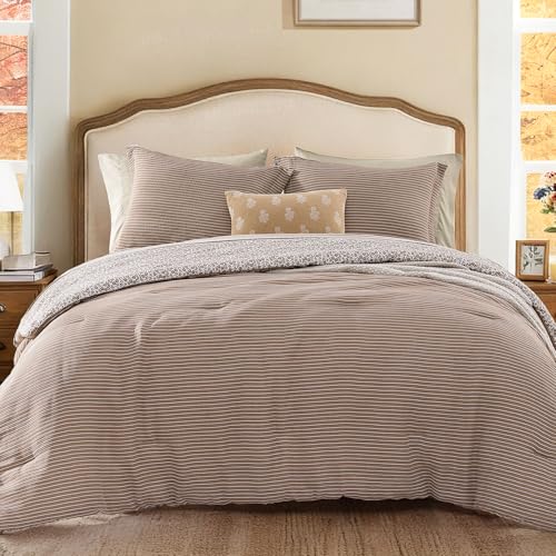 Queen Comforter Set - 7 Pieces Dark Brown Gauze Muslin Bedding Sets for All Seasons, Lightweight Breathable Bed in a Bag Queen with Revesible Farmhouse Comforter, Sheets, Pillowcases & Shams BLOOMHAVEN