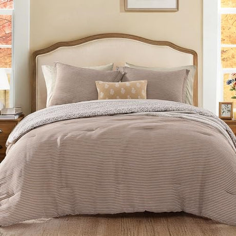 Queen Comforter Set - 7 Pieces Dark Brown Gauze Muslin Bedding Sets for All Seasons, Lightweight Breathable Bed in a Bag Queen with Revesible Farmhouse Comforter, Sheets, Pillowcases & Shams BLOOMHAVEN