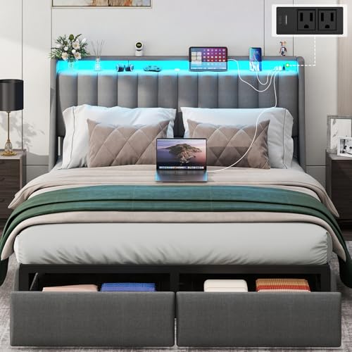 Full Bed Frame with 2 Storage Drawers, Platform Bed Frame Full Size with LED Light, Upholstered Headboard, Charging Station, Steel Slat Support, No Box Spring Needed, Noise-Free, Easy Assembly, Gray Doltoro