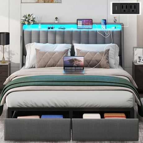 Full Bed Frame with 2 Storage Drawers, Platform Bed Frame Full Size with LED Light, Upholstered Headboard, Charging Station, Steel Slat Support, No Box Spring Needed, Noise-Free, Easy Assembly, Gray Doltoro