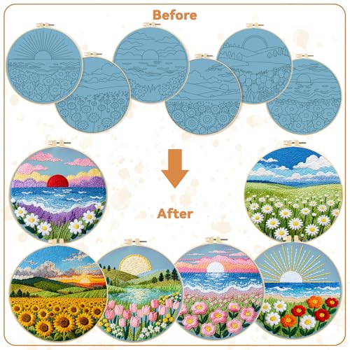 BEUNITONE Spring Landscape Embroidery Kit for Beginners, 6PC Needlepoint Kits with Hoops, Instructions, Threads, Needles, DIY Home Decor Craft for Adults, Creative Hand Embroidery Patterns for Gifts