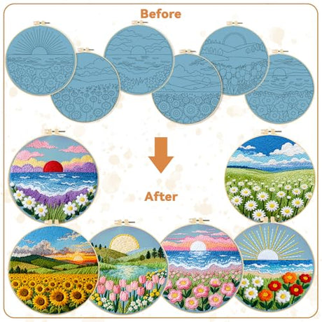 BEUNITONE Spring Landscape Embroidery Kit for Beginners, 6PC Needlepoint Kits with Hoops, Instructions, Threads, Needles, DIY Home Decor Craft for Adults, Creative Hand Embroidery Patterns for Gifts BEUNITONE