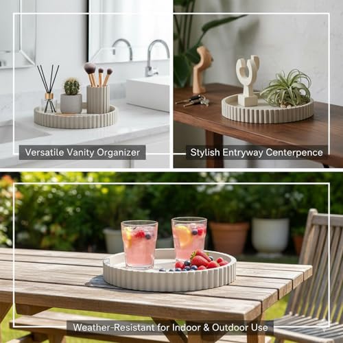 Wageso 13" Round Solid Concrete Decorative Tray - Heavy Duty Fluted Centerpiece for Coffee Table, Serving, Patio, Home Office & Entryway - Modern Home Decor Trays(Gray) Wageso