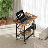 MAHANCRIS 3-Tier Printer Stand, Rolling Printer Table on Wheels, Industrial Storage Stand with Side Pocket, Wooden Tabletop, 2 S-Shaped Hooks, for Home Office, Rustic Brown and Black PTHR2501