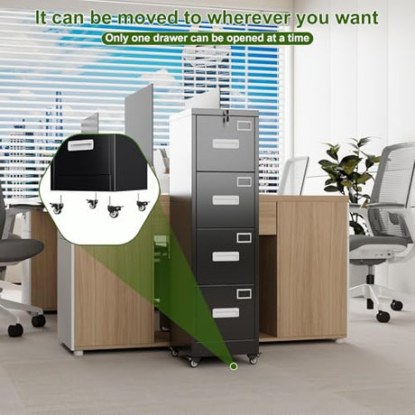 Aobabo 4 Drawer File Cabinet with Lock and Wheels, Metal Vertical Filing Cabinet with Anti-Tilt Interlock System for Home Office, Fits Letter/Legal Size, Black,Required Assembly Aobabo