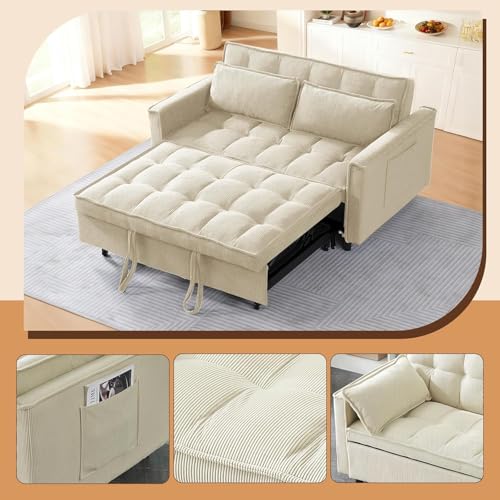 Anwick 3 in 1 Convertible Sofa Bed, Pull Out Couch Bed with Reclining Backrest and 2 Pillows, 54" Full Size Loveseat Sleeper Sofa Futon Couches Bed for Small Spaces, Living Room (Corduroy, Beige) Anwick