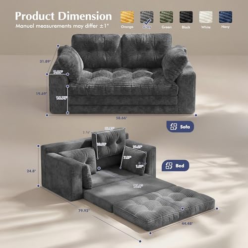 Homkdom Convertible Folding Sofa Bed, 2 in 1 Pull Out Loveseat Sleeper Sofa, Corduroy Futon Couch with Pillows, Tri-Fold Couch for Small Space Living Room Lounge, Space-Saving, Portable, Grey Homkdom