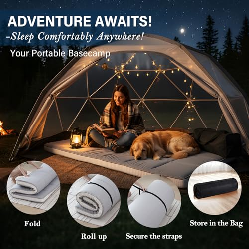 Tiita Queen Memory Foam Mattress Topper, 4" Thicken Futon Floor Mattress with Storage Bag and 2 Straps, Portable Roll Up Travel Car Camping Mattress Sleeping Pad, Grey Tiita
