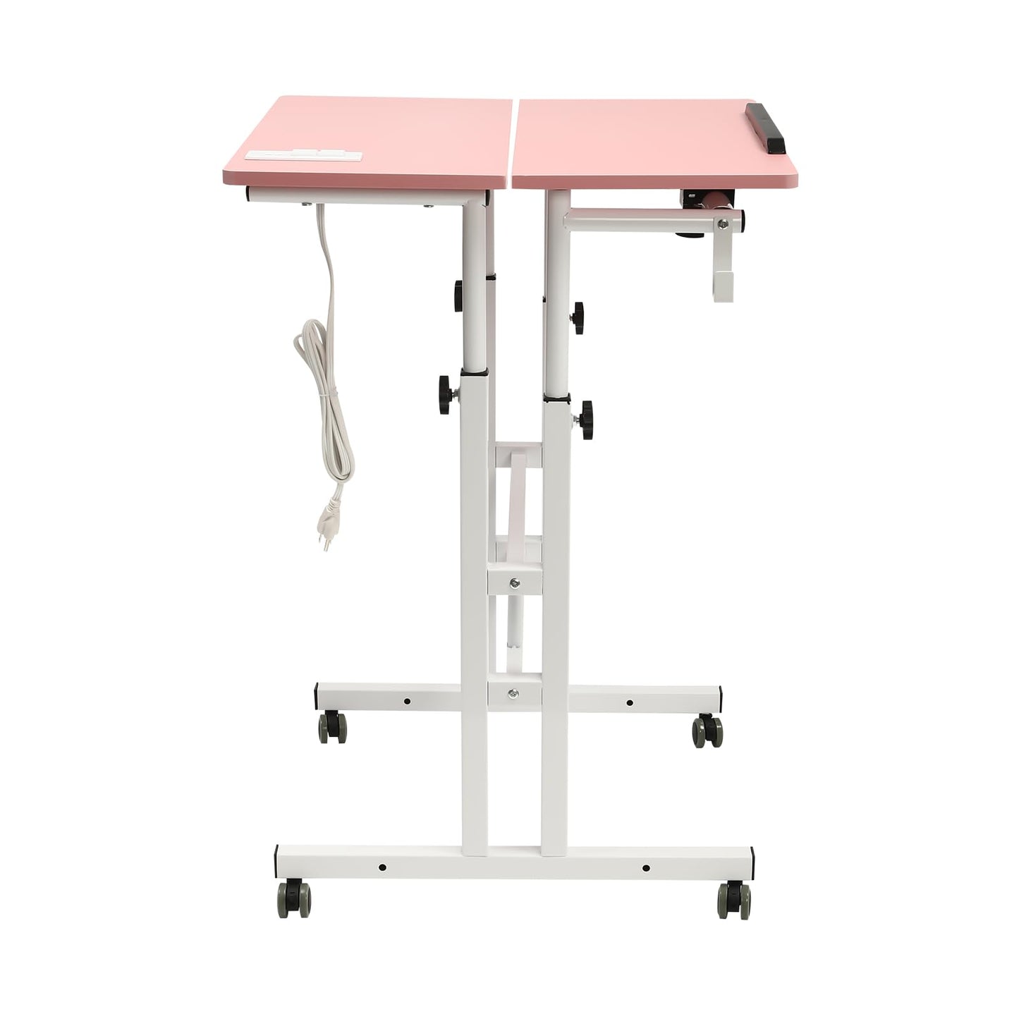 Upyouths Mobile Stand up Desk with USB Interfaces&Socket, Adjustable Standing Desk with Wheels Home Office Workstation, Sit Stand Desk Rolling Desk Laptop Cart for Standing or Sitting (Pink)