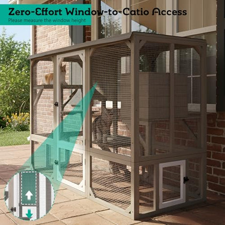 Large Catio Outdoor Cat Enclosure Window Access, Wooden Kitty Cage with Resting Room & 3 Platforms for Multiple Feral Cats, Cat House Attached to Window, Pet's Door for Patio Indoor Magazoopet