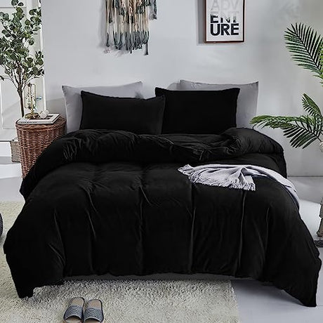 Luxlovery Black Velvet Comforter Set Queen Men Plush Fluffy Black Bedding Comforter Set Dark Color Minimalist Bedding Set Solid Modern Blanket Quilts Heavyweight Winter Warm Flannel Comforter Set Luxlovery