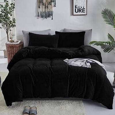 Luxlovery Black Velvet Comforter Set Queen Men Plush Fluffy Black Bedding Comforter Set Dark Color Minimalist Bedding Set Solid Modern Blanket Quilts Heavyweight Winter Warm Flannel Comforter Set