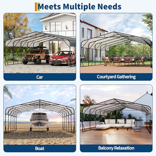 GarveeLife 20x25 FT Metal Carport, Outdoor Car Port Canopy with Reinforced Base and Galvanized Steel Roof, Heavy Duty Garage Car Shelter Shade for SUV, Truck, Boats GarveeLife