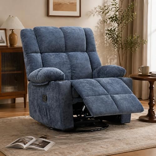 Coziture 360°Swivel Rocker Recliner Chair,Rocking Recliner Chair with Adjustable Headrest for Adults,Upholstered Fabric Rocking Chair Swivel for Bedroom,Living Room,Blue