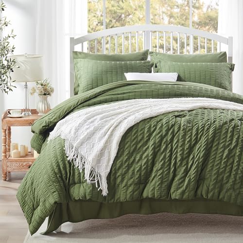 Zzlpp Full Comforter Set 7 Pieces, Olive Green Seersucker Bed in a Bag with Comforter and Sheets, All Season Bedding Sets with 1 Comforter, 2 Pillow Shams, 2 Pillowcases, 1 Flat Sheet, 1 Fitted Sheet Zzlpp