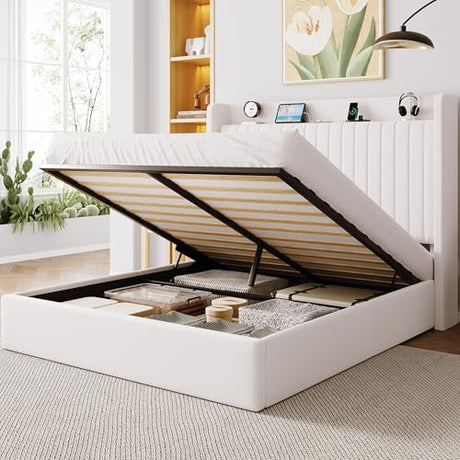 Allewie Queen Size Lift Up Storage Bed Frame,Storage Shelf Headboard with Charging Station,Type-C and USB Ports,Hydraulic Support,Velvet Upholstered Bed Frame,No Box Spring Needed,White Allewie