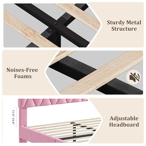 GAOMON Pink Full Bed Frame with Upholstered Headboard, Heavy-Duty Platform Bed Frame with Strong Wood Slats, No Box Spring Needed/Noise Free/Easy Assembly GAOMON