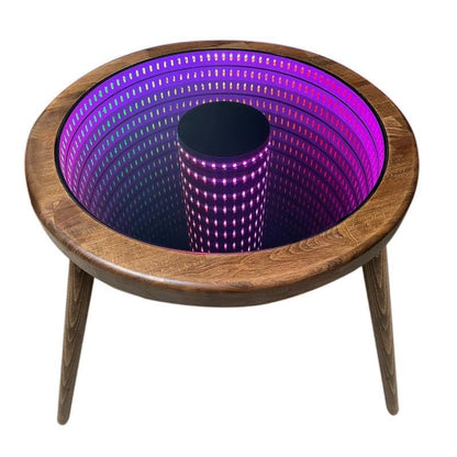 21 Inch Small Round Coffee Tables Living Room Modern Farmhouse Walnut Mirrored Coffee Center Table, 3D Abyss Trendy Coffee Table, Infinity Light, RGB Led Light Table, Music Sync