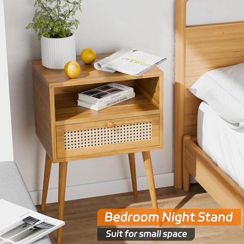 Rattan Nightstand Bedside Tables, Modern Wood Side Table Small End Table for Bedroom Living Room with Long Solid Wood Legs Drawer and Open Shelf HOCAT