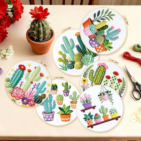 BEUNITONE Cactus Embroidery Kit for Beginners, 6PC Succulent Plant Themed Needlepoint Kits for Adults with Hoops, Threads, Needles, Instructions and Full Kits, DIY Home Decor Craft Gift for Adults BEUNITONE