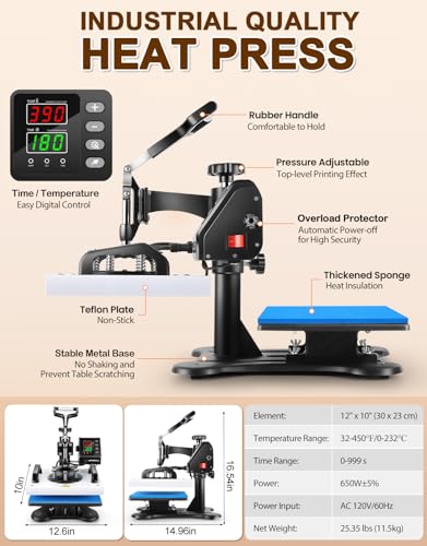 12" x 10" Heat Press Machine for T-Shirt, Shirt Press Machine for Sublimation T-Shirts Pillow Bag Garments Photo Slate Ceramic Frame,Swing Away Sublimation Heat Press Printer for Heat Transfer Vinyl Wesoky